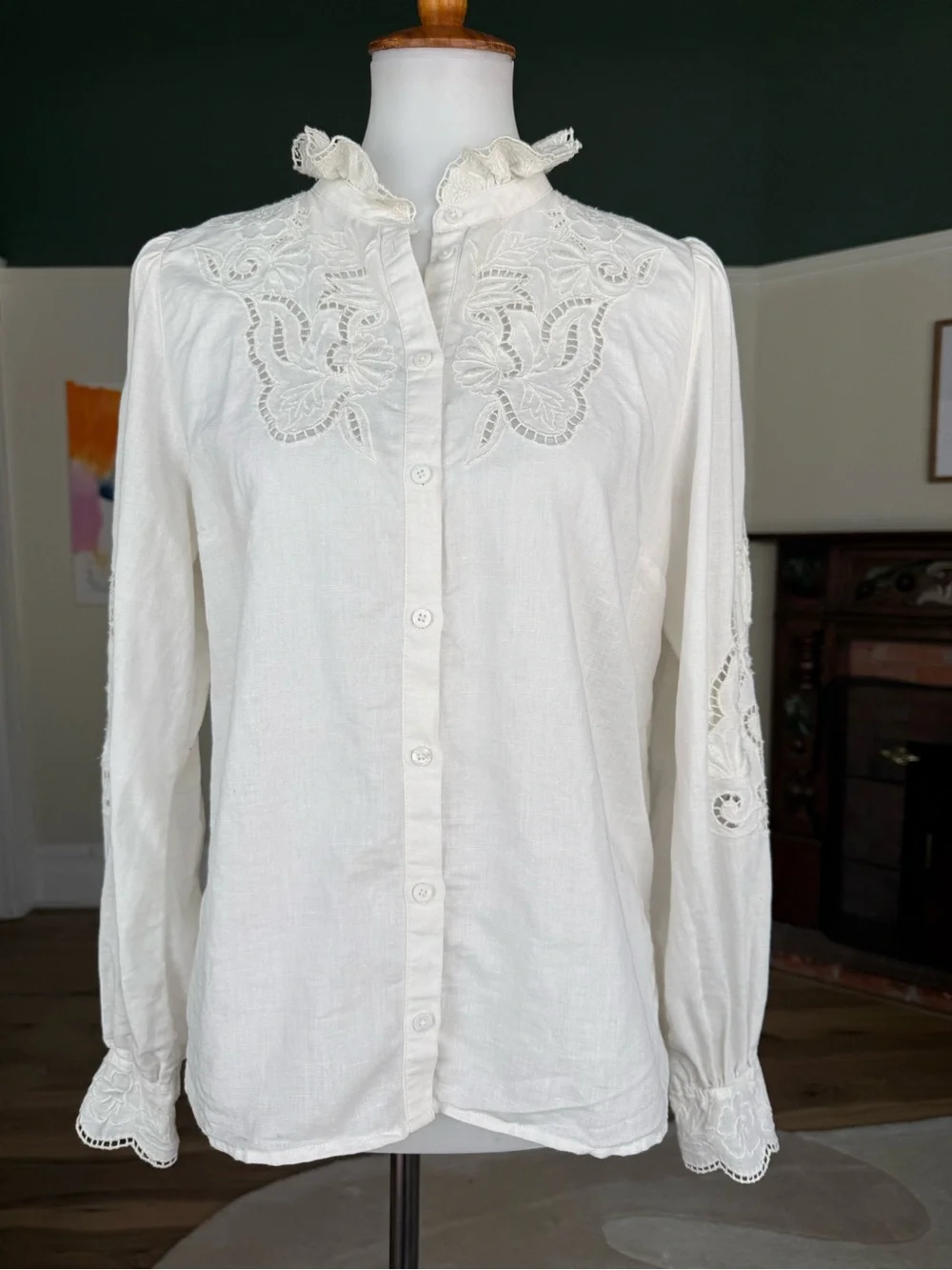 Sézane Lilia Blouse White Linen Cotton Embroidered Lace Ruffle Collar FR38 US6 - Picture 2 of 11